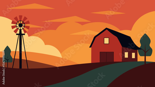 Peaceful Illustration of a Country Farm at Sunset Tranquil Rural Landscape