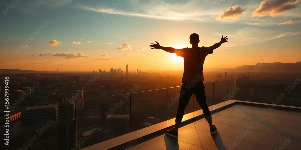 Fototapeta premium Silhouette of figure stretching on sunlit terrace, overlooking cityscape, wellbeing, clouds