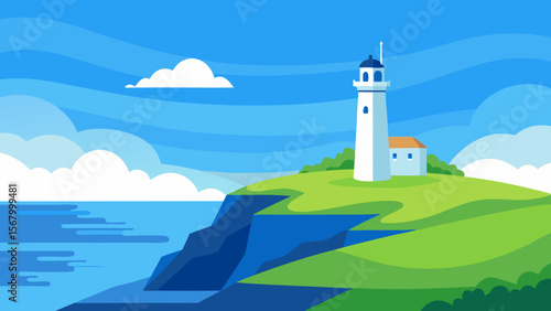 Serene Coastal Scene with a Tall White Lighthouse Peaceful Ocean View