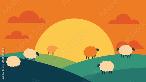 Serene Illustration of a Flock of Sheep Grazing Peacefully in the Countryside