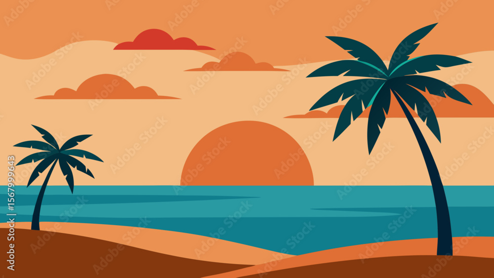 Obraz premium Serene Tropical Beach Palm Trees Ocean Vector Illustration