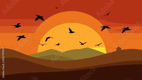 Serene Vector Flock of Birds Migrating Against Sky Nature