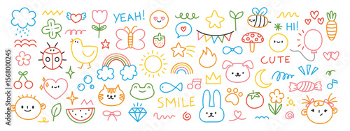 Cute kids doodle. Hand drawn children elements. Simple colorful line sketch kid scribble. Flowers, clouds, rainbow, animals, funny characters. Child kindergarten drawings. Vector set