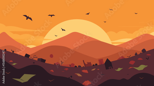 Vast Sprawling Landfill at Sunset Environmental Waste Disposal Illustration