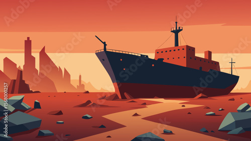 Colossal Abandoned Ship Vector Illustration Shipwreck Decay Maritime History