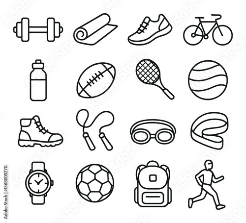 Sport equipment collection, athletic gear icons. fitness and exercise essentials set