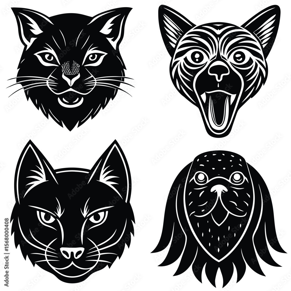 Obraz premium Four Feline and Canine Creature Faces black and white