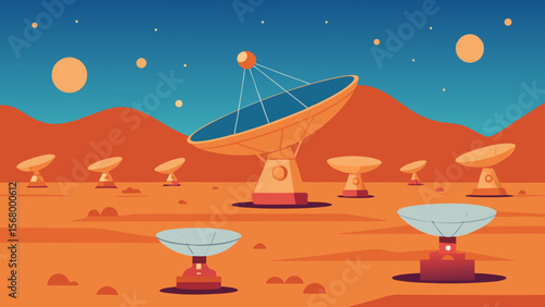 A Vector Illustration Of A Massive Radio Telescope Array In A Remote Desert