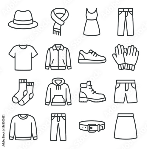 Fashion icon collection, clothing and accessory symbols. apparel and style design set