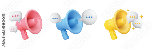 3d megaphone with speech bubble. Voice message. Realistic loudspeaker with speech banner, talk bubble. Announcement and communication concept. Promo icon vector set