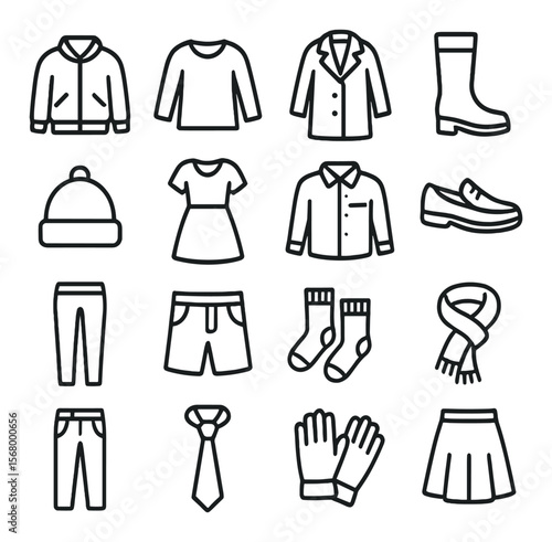 Fashion icon collection, stylish apparel and clothing symbols. wardrobe essentials set