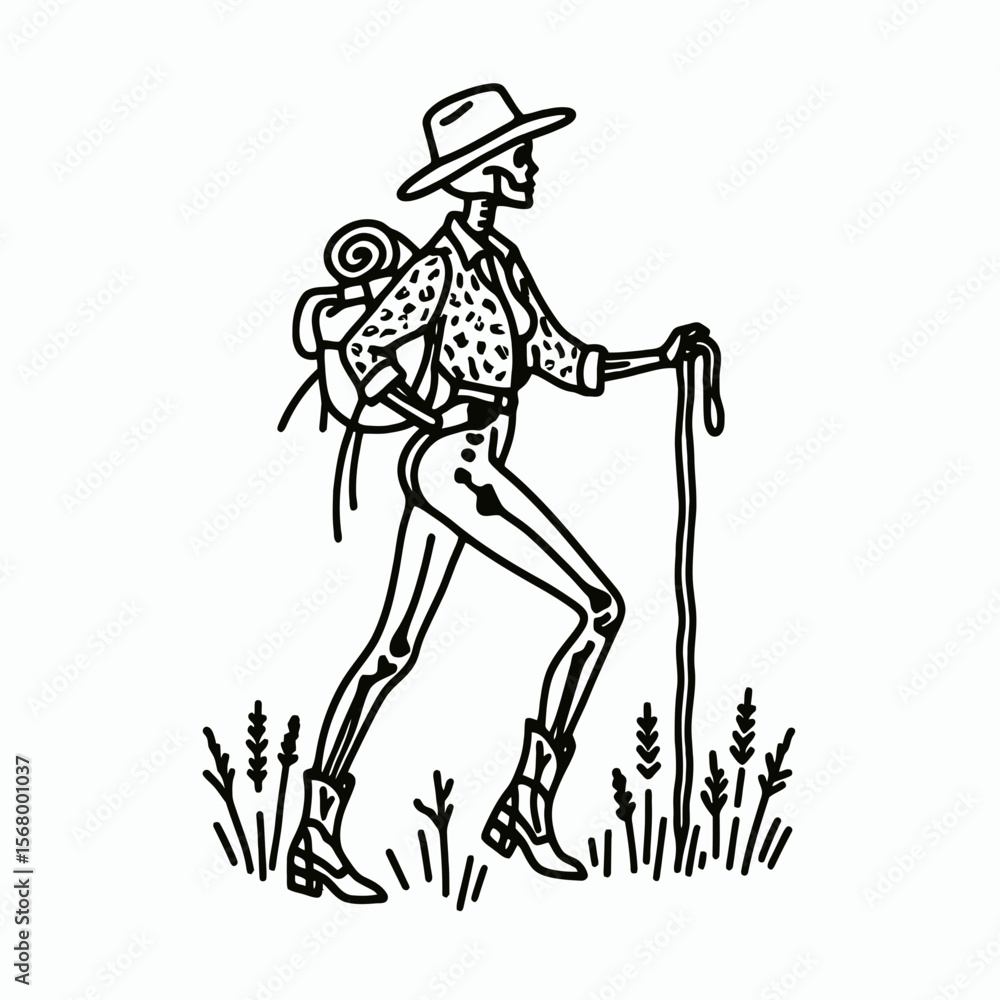 Fototapeta premium Cowgirl Female skeleton with leopard print hiking. Cowboy Western American Cartoon Animal Clipart Line Art Vector Illustration. .