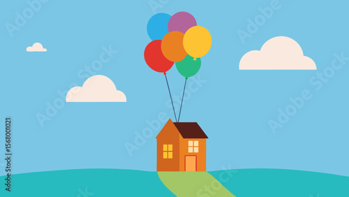 A Whimsical Illustration Of A House Being Carried Through The Air By Balloons