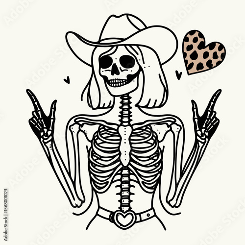 Cowgirl Female skeleton with leopard print Heart Hands Gesture. Cowboy Western American Cartoon Animal Clipart Line Art Vector Illustration. .