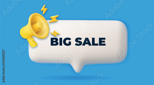 3d loudspeaker with speech banner. Realistic speech bubble with megaphone. Marketing sale tag. Promo communication concept with bullhorn, talk bubble. Vector background