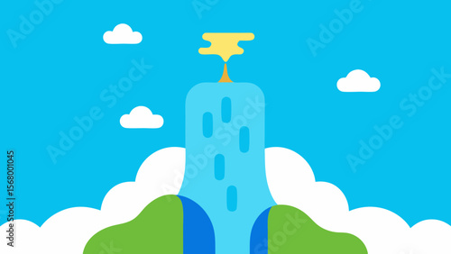 A Whimsical Illustration Of A Magical Waterfall That Flows Upwards Into The Sky