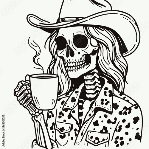 Cowgirl Female skeleton with leopard print hold coffee mug drink coffee. Cowboy Western American Cartoon Animal Clipart Line Art Vector Illustration. lady bony figure in spots garb warm cup.