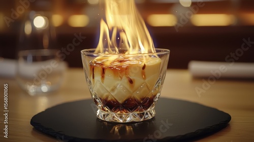 Custard flambe process showing elegant crystal glass with burning alcohol flames on dark slate serving plate with warm restaurant lighting in background