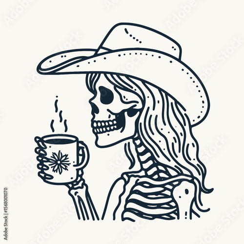 Cowgirl Female skeleton with leopard print hold coffee mug drink coffee. Cowboy Western American Cartoon Animal Clipart Line Art Vector Illustration. gal bone pattern grab java cup sip.