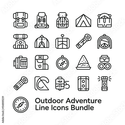 Outdoor adventure equipment icons backpack tent