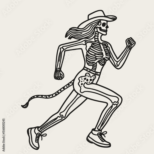 Cowgirl Female skeleton with leopard print jogging. Cowboy Western American Cartoon Animal Clipart Line Art Vector Illustration. gal bony remains in pattern sportswear exercise outfit.