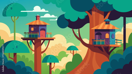 A Whimsical Vector Illustration Of A Treehouse Village High Up In The Treetops