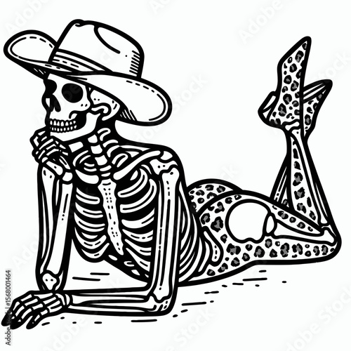 Cowgirl Female skeleton with leopard print lying down on stomach hands under chin. Cowboy Western American Cartoon Animal Clipart Line Art Vector Illustration. woman bony figure in wildcat.