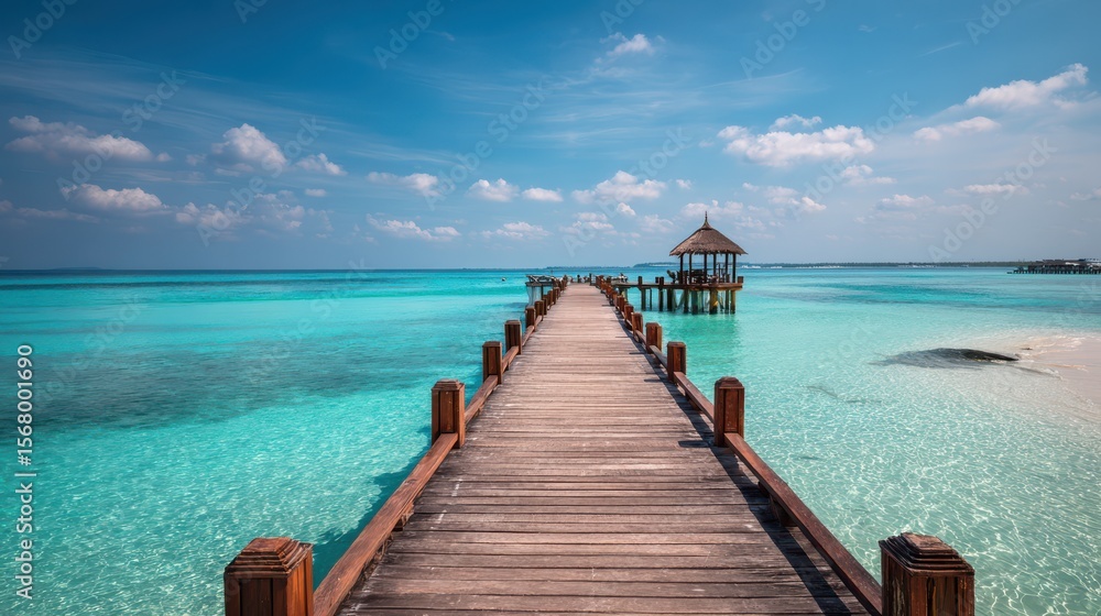 Obraz premium Wooden pier extending over turquoise ocean water under a partly cloudy blue sky leading to a gazebo
