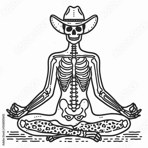 Cowgirl Female skeleton with leopard print meditation. Cowboy Western American Cartoon Animal Clipart Line Art Vector Illustration. gal bony figure in feline pattern doing contemplation yoga.