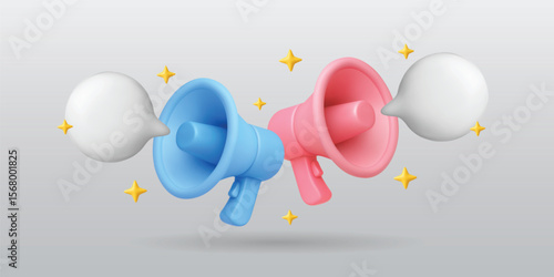 3d megaphones. Realistic loudspeakers with speech bubbles. Communication concept with pink and blue bullhorns, text boxes, stars. Vector advertising concept