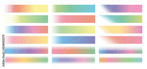 Halftone frames. Dotted gradient banner. Header with circle mosaic edges. Horizontal title border with halftone effects. Colorful heading rectangular dot shapes. Vector set