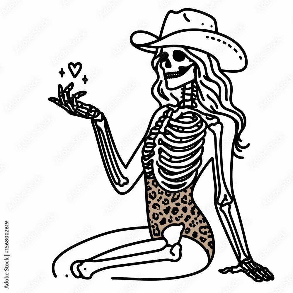 Fototapeta premium Cowgirl Female skeleton with leopard print Proposal Pose. Cowboy Western American Cartoon Animal Clipart Line Art Vector Illustration. woman bones spotted pattern marriage offer gesture.