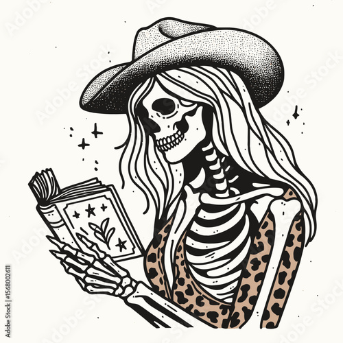 Cowgirl Female skeleton with leopard print Reading together. Cowboy Western American Cartoon Animal Clipart Line Art Vector Illustration. woman bone frame wildcat pattern perusing chum.