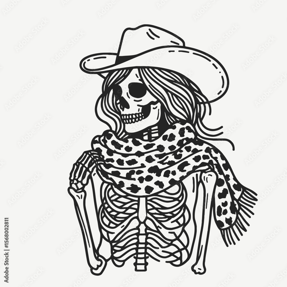 Cowgirl Female skeleton with leopard print Sharing a big scarf in winter. Cowboy Western American Cartoon Animal Clipart Line Art Vector Illustration. . Cowgirl Female skeleton with leopard print Sharing a big scarf in winter. Cowboy Western American Cartoon Animal Clipart Line Art Vector Illustration. .