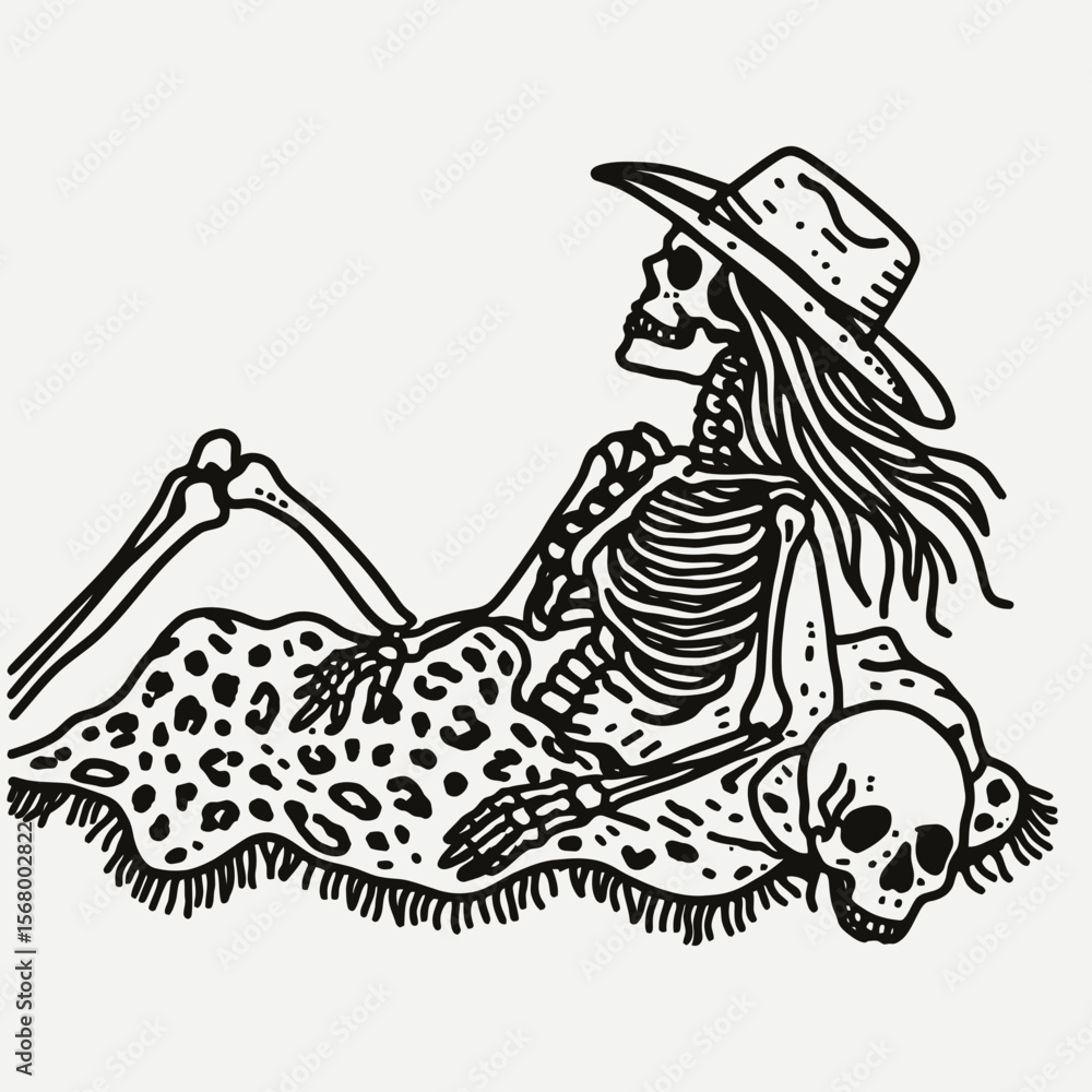 Fototapeta premium Cowgirl Female skeleton with leopard print Sharing a Blanket. Cowboy Western American Cartoon Animal Clipart Line Art Vector Illustration. .