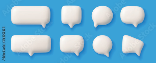 3d speech bubble. Chat talk boxes, dialog conversation shapes, cartoon white thinking bubbles, oval and rectangular thought clouds. Social media chat message. 3D soft render vector set