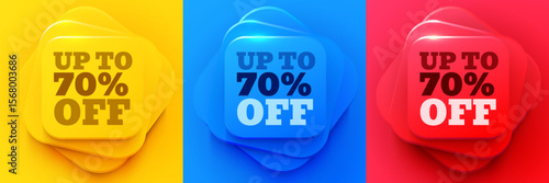 Up to 70 percent off sale. Neumorphic offer banners. Discount offer price sign. Special offer symbol. Discount tag podium background. Vector