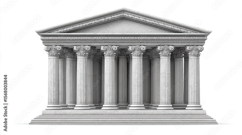 Fototapeta premium Classical facade Detailed stone temple with columns and triangular pediment,isolated