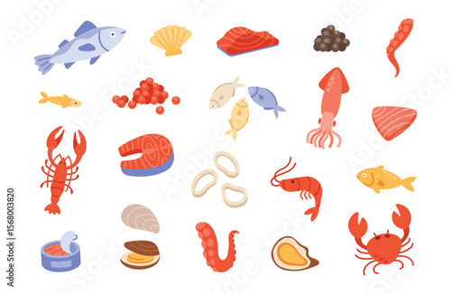 Seafood. Cartoon marine food. Ocean fish, salmon, oyster, tuna, crab, shrimp, shellfish caviar, squid canned fishes products. Healthy fresh sea animal. Vector elements for cafe menu