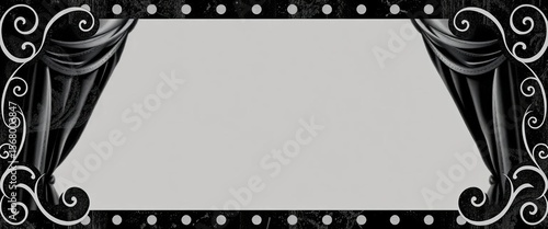 Vintage silent film end screen border; Victorian scrolls, grunge texture, black and white, movie theater frame, film reel, retro cinema, silent film, retro