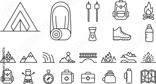 Collection of line art icons representing camping and outdoor adventure gear and scenery