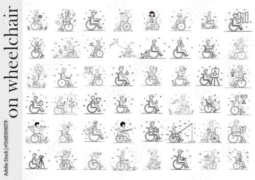 Illustrations of people on wheelchairs expressing various activities and emotions