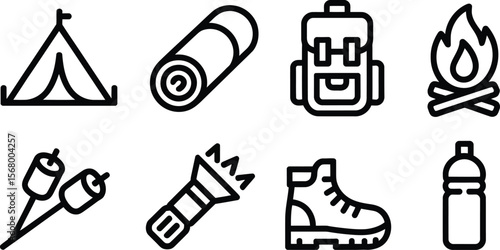 Collection of simple outline icons representing camping and outdoor adventure gear