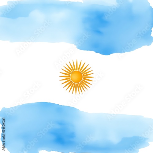 Watercolor abstract Argentine flag with golden sun symbol