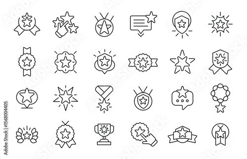 Award icons. Line achievement related symbols. Medals, trophies awards ribbons, stars and quality badges. Stroke winner success icon. Education, sports, corporate, gaming. Vector set