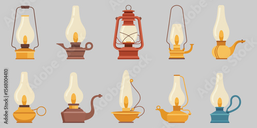 Collection of vintage oil lamps and lanterns with glowing flames on a gray background