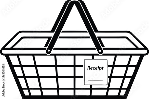 Cartoon style market basket with a receipt dangling off the handle Silhouette Black Vector Illustration