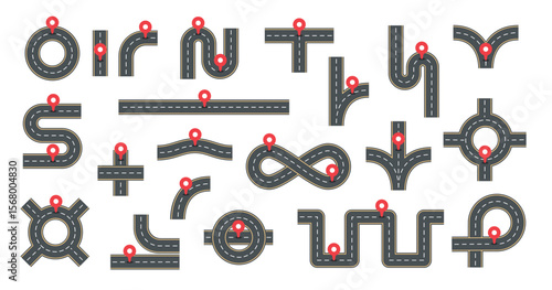 Road path. Navigation highway with pointer. Asphalt highway top view direction, route traffic, street roadmap. Gps location pin for destination path. Street roads plan kit. Vector set