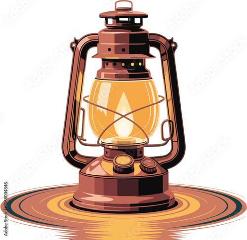 Vintage kerosene lantern with a warm glowing flame and reflective base