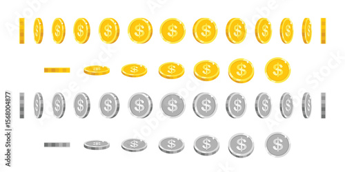 Golden and silver coins. Cartoon animation coin. Rotating gold and silver money for game, app, website. Different animated angles flip and rotate. Various round dollar views. Vector set